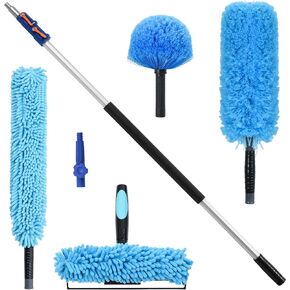 30 FT High Reach Cleaning Kit with 7-30 Foot Telescoping Extension Pole, Flexible Ceiling Fan Duster, Microfiber Feather Duster, Cobweb Duster & Window Squeegee & Washer with Telescopic Pole