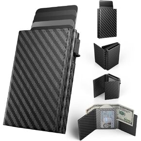 Mens Wallet Card Holder Pop up Card Case,Carbon Fiber Leather Slim Wallet，RFID Blocking 8-9 Card Capacity | ID Window | Cash Slot Minimalist Wallet for Men Black