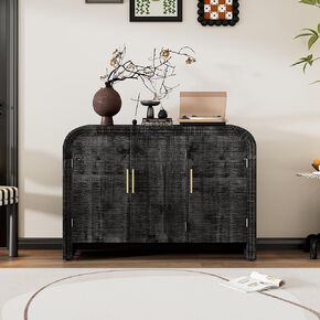 Retro Minimalist Curved Sideboard with Gold Handles and Adjustable Dividers for Living Dining Room, Antique Black