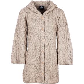 Ladies - Merino Wool - Irish Knit - Buttons Long Cardigan for Women with Hood and Front Pockets Made in Ireland