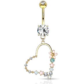 Amelia Fashion 14GA Enamel Flower & Opalite Stone Set Heart Dangle Belly Button/Navel Ring Double Jeweled Prong Set 316L Surgical Steel (Choose Color)