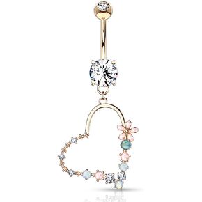Amelia Fashion 14GA Enamel Flower & Opalite Stone Set Heart Dangle Belly Button/Navel Ring Double Jeweled Prong Set 316L Surgical Steel (Choose Color)