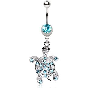 Pierced Owl Dangling Turtle with Aqua Gem Belly Button Ring in 316L Stainless Steel with CZ Crystal Accents