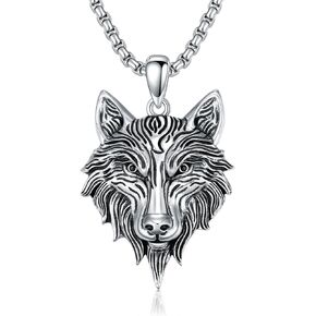 Wolf Necklace Sterling Silver Wolf Head Viking Pendant Necklace Jewelry for Men boy