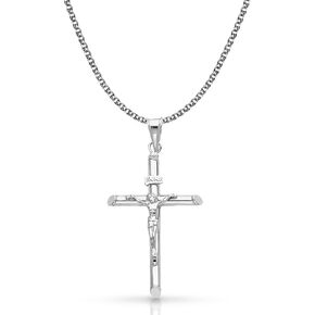 14K White Gold Crucifix Cross Pendant with 1.4mm Flat Open Wheat Chain Necklace