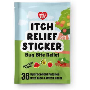 Buzzluv Hydrocolloid Itch Relief Patch, for Mosquitos, Ticks, Midges, Sandflies Bug bite Relief, Anti-Itch Patch with Aloe and Witch Hazel, Insect bite Relief, Kid-Friendly, Natural Fruit Theme