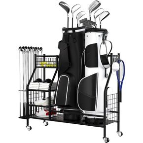 Golf Storage Organizer for Garage, Double Golf Bag Stand Storage Rack with Lockable Wheels, Extra Large Golf Organizer for Golf Clubs and Golf Accessories, Ideal Gifts for Golfer in Saudi Arabia