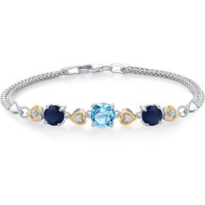 Gem Stone King 925 Sterling Silver and 10k Yellow Gold Swiss Blue Topaz Blue Sapphire and White Lab Grown Diamond Bracelet For Women (3.93 Cttw, Round 7MM and 6MM, 6.5/7/7.5 Inch, Made In Italy)