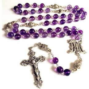 elegantmedical HANDMADE AMETHYST ROSE BEADS 5 DECADE ROSARY ITALY CROSS CRUCIFIX CATHOLIC NECKLACE BOX