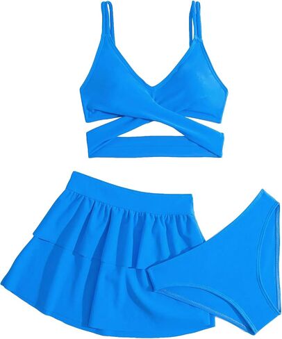 Milumia Girl's 3 Piece Marble Print Crisscross Bikini Swimsuit with Beach Skirt Coverup Solid Blue 11-12Y in Saudi Arabia
