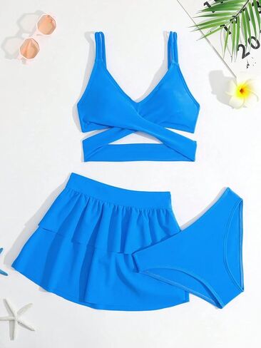 Milumia Girl's 3 Piece Marble Print Crisscross Bikini Swimsuit with Beach Skirt Coverup Solid Blue 11-12Y in Saudi Arabia