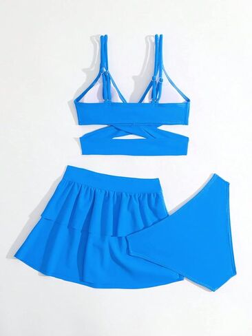Milumia Girl's 3 Piece Marble Print Crisscross Bikini Swimsuit with Beach Skirt Coverup Solid Blue 11-12Y in Saudi Arabia