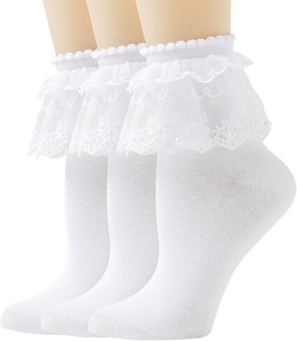 Lace Ruffle Frilly Ankle Socks for Women - Soft Cotton Socks Pearl Lace Socks in Saudi Arabia