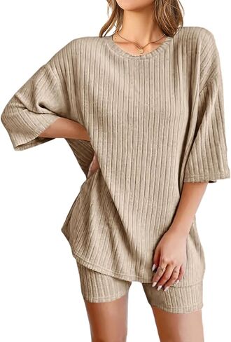 طقم بيجامات NORACORA مكون من قطعتين من نسيج مضلع للنساء تي شيرت وسروال قصير ملابس نوم in Kuwait