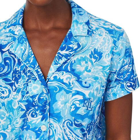 Lauren Ralph Lauren Short Sleeve Notch Collar Capris PJ Set Blue Paisley LG (US 12-14) in Saudi Arabia