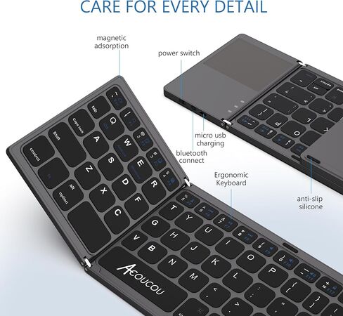 Acoucou Mini Bluetooth Keyboard Wireless Foldable Keyboard, Rechargeable Bluetooth Keyboard Portable Pocket Size Keyboard, Compatible with MAC/iOS, Windows, Android Smartphones, Tablets, Laptops etc. in Saudi Arabia