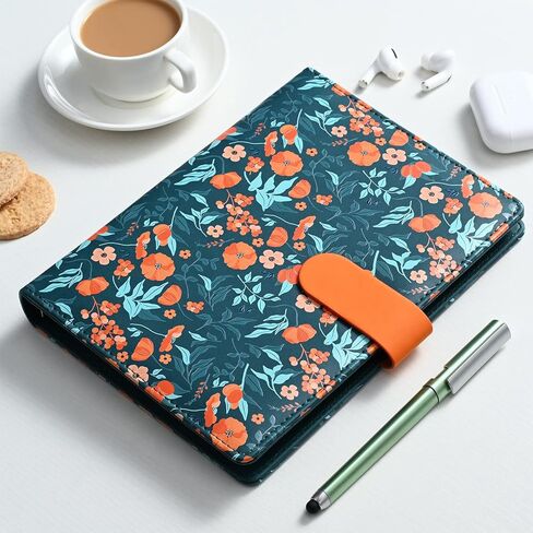 Floral Personal Organiser, A5 PU Leather Binder Journal, Refillable A5 Notebook Folio Portfolio Cover, 6 Ring Binder Organizer with Magnetic Buckle Closure,Dark Blue in Saudi Arabia