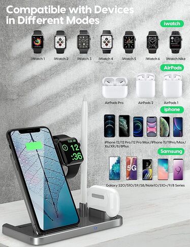 4 in 1 Wireless Charging Station,2021 Upgraded Fast Charging Dock Stand for iWatch Series 7/6/SE/5/4/3/2, AirPods & Pencil, Compatible with iPhone13/12Pro/11/XS/XR/8 (Silver) in Saudi Arabia