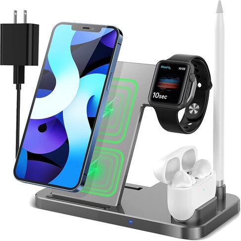 4 in 1 Wireless Charging Station,2021 Upgraded Fast Charging Dock Stand for iWatch Series 7/6/SE/5/4/3/2, AirPods & Pencil, Compatible with iPhone13/12Pro/11/XS/XR/8 (Silver) in Saudi Arabia