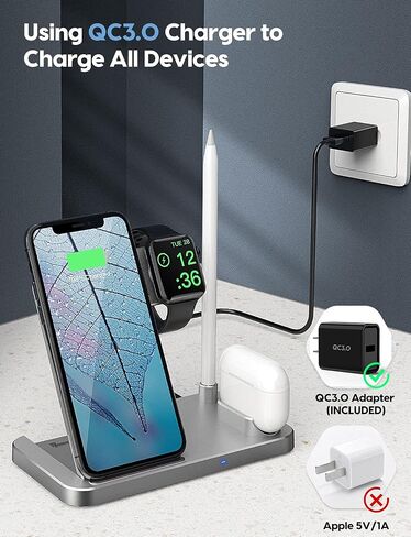 4 in 1 Wireless Charging Station,2021 Upgraded Fast Charging Dock Stand for iWatch Series 7/6/SE/5/4/3/2, AirPods & Pencil, Compatible with iPhone13/12Pro/11/XS/XR/8 (Silver) in Saudi Arabia