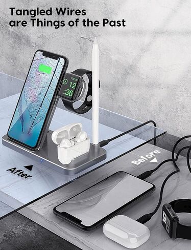 4 in 1 Wireless Charging Station,2021 Upgraded Fast Charging Dock Stand for iWatch Series 7/6/SE/5/4/3/2, AirPods & Pencil, Compatible with iPhone13/12Pro/11/XS/XR/8 (Silver) in Saudi Arabia