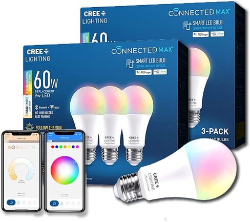 لمبة Cree Lighting Connected Max Smart LED A19 60W قابلة للضبط باللون الأبيض + تغيير اللون ومصباح LED ذكي متصل Max A21 100W أبيض قابل للضبط + تغيير اللون، 2.4 جيجا هرتز، بلوتوث + WiFi، 1Pk in Kuwait