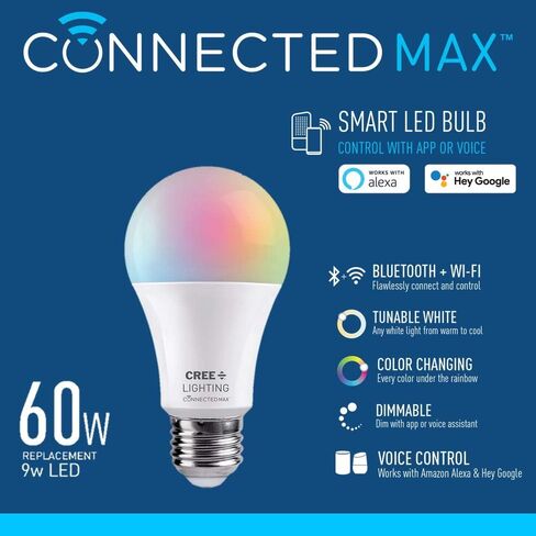 لمبة Cree Lighting Connected Max Smart LED A19 60W قابلة للضبط باللون الأبيض + تغيير اللون ومصباح LED ذكي متصل Max A21 100W أبيض قابل للضبط + تغيير اللون، 2.4 جيجا هرتز، بلوتوث + WiFi، 1Pk in Kuwait
