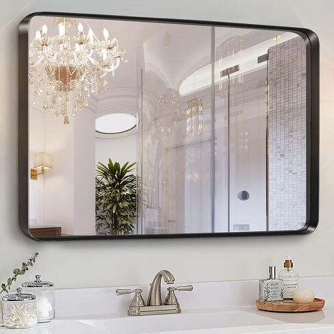 PexFix 38 x 26 Inch Vanity Mirror for Wall, Rectangular Black Metal Framed Bathroom Mirror, Modern Wall Mirror for Bathroom, Vertical or Horizontal, Aluminum Alloy Frame Wall Mounted Mirror, Black in Saudi Arabia