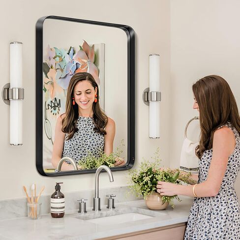 PexFix 38 x 26 Inch Vanity Mirror for Wall, Rectangular Black Metal Framed Bathroom Mirror, Modern Wall Mirror for Bathroom, Vertical or Horizontal, Aluminum Alloy Frame Wall Mounted Mirror, Black in Saudi Arabia