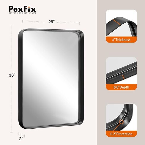 PexFix 38 x 26 Inch Vanity Mirror for Wall, Rectangular Black Metal Framed Bathroom Mirror, Modern Wall Mirror for Bathroom, Vertical or Horizontal, Aluminum Alloy Frame Wall Mounted Mirror, Black in Saudi Arabia