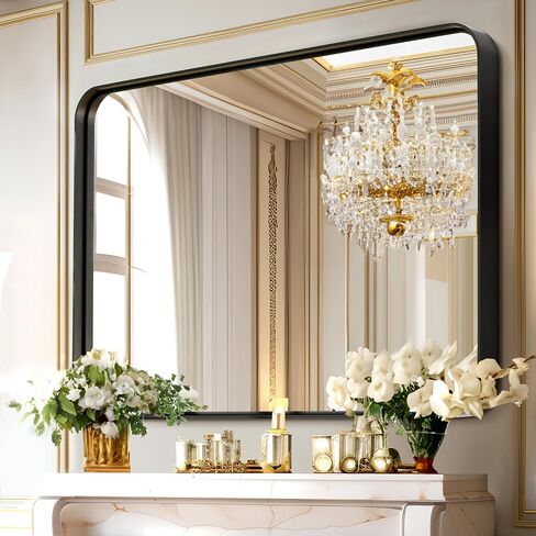 PexFix 38 x 26 Inch Vanity Mirror for Wall, Rectangular Black Metal Framed Bathroom Mirror, Modern Wall Mirror for Bathroom, Vertical or Horizontal, Aluminum Alloy Frame Wall Mounted Mirror, Black in Saudi Arabia