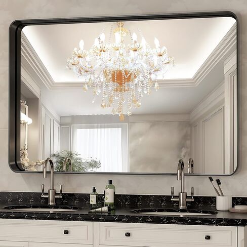 PexFix 38 x 26 Inch Vanity Mirror for Wall, Rectangular Black Metal Framed Bathroom Mirror, Modern Wall Mirror for Bathroom, Vertical or Horizontal, Aluminum Alloy Frame Wall Mounted Mirror, Black in Saudi Arabia