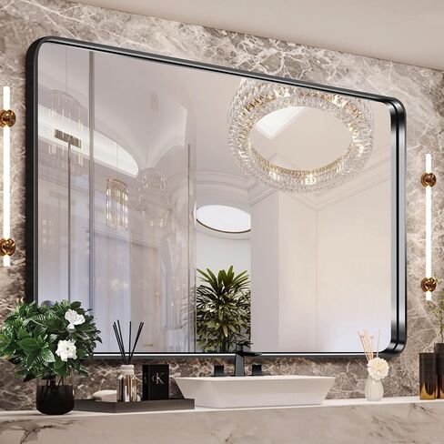 PexFix 38 x 26 Inch Vanity Mirror for Wall, Rectangular Black Metal Framed Bathroom Mirror, Modern Wall Mirror for Bathroom, Vertical or Horizontal, Aluminum Alloy Frame Wall Mounted Mirror, Black in Saudi Arabia
