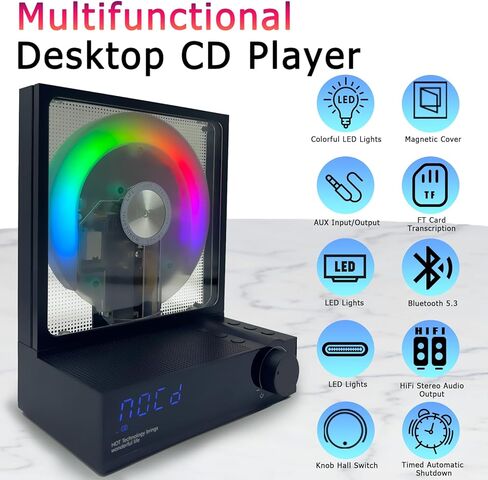 مشغل أقراص مضغوطة محمول بلوتوث 5.3 مشغل أقراص مضغوطة لسطح المكتب مع مكبرات صوت هاي فاي، ضوء RGB يدعم بطاقة TF، النسخ، مؤقت، مشغل أقراص مضغوطة بشاشة LED للمنزل/الهدايا in Kuwait