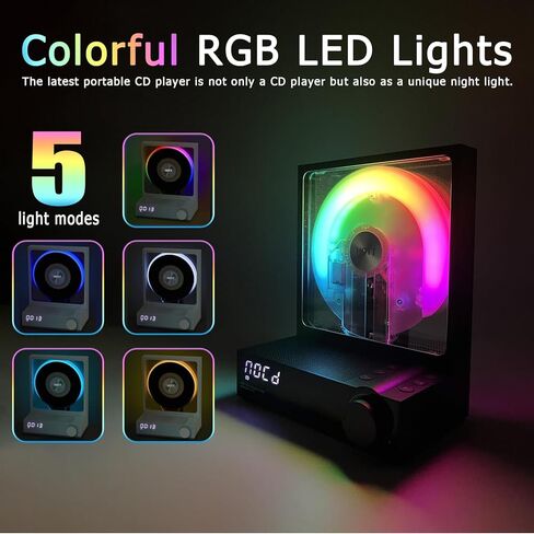 مشغل أقراص مضغوطة محمول بلوتوث 5.3 مشغل أقراص مضغوطة لسطح المكتب مع مكبرات صوت هاي فاي، ضوء RGB يدعم بطاقة TF، النسخ، مؤقت، مشغل أقراص مضغوطة بشاشة LED للمنزل/الهدايا in Kuwait