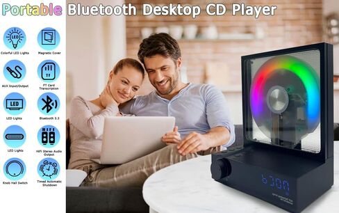 مشغل أقراص مضغوطة محمول بلوتوث 5.3 مشغل أقراص مضغوطة لسطح المكتب مع مكبرات صوت هاي فاي، ضوء RGB يدعم بطاقة TF، النسخ، مؤقت، مشغل أقراص مضغوطة بشاشة LED للمنزل/الهدايا in Kuwait