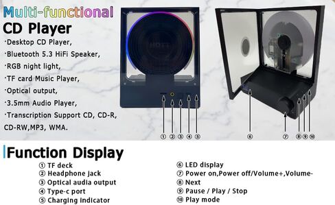 مشغل أقراص مضغوطة محمول بلوتوث 5.3 مشغل أقراص مضغوطة لسطح المكتب مع مكبرات صوت هاي فاي، ضوء RGB يدعم بطاقة TF، النسخ، مؤقت، مشغل أقراص مضغوطة بشاشة LED للمنزل/الهدايا in Kuwait