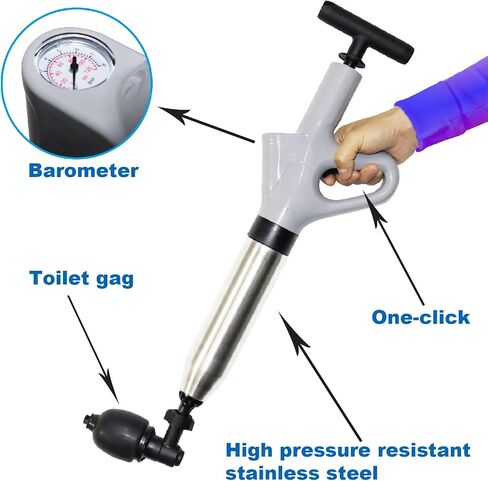 Toilet Plunger, Plunger Blaster Gun, Powerful High Pressure Air Snake Drain Clog Remover with Real-Time Barometer, Stainless Steel Toilet Clog Remover for Toilet Bathroom Sink in Saudi Arabia