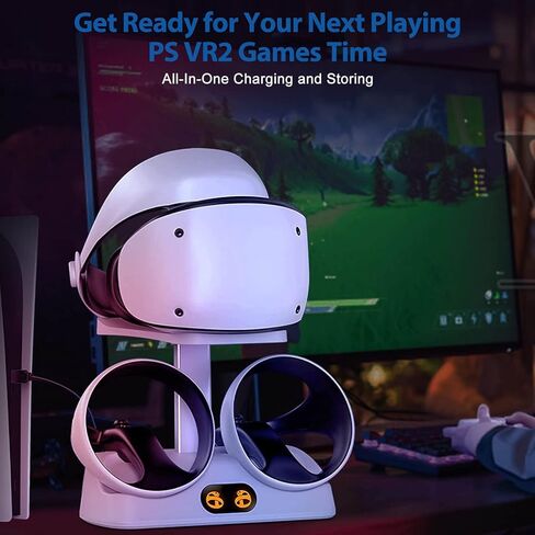 محطة شحن لوحدة تحكم PSVR 2، قاعدة شحن Lightning لجهاز PS5 VR2، شاحن وحدة تحكم تحسس VR لملحقات PSVR2 مع حامل عرض سماعة الرأس، مؤشر LED، مشبك مغناطيسي، نوع C in Kuwait