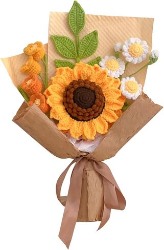 باقة زهور كروشيه لذكرى عيد ميلاد الأم، مصنوعة يدويًا بطبقتين من زهور عباد الشمس وزهرة زنبق الوادي من الكروشيه، هدية لها in Kuwait