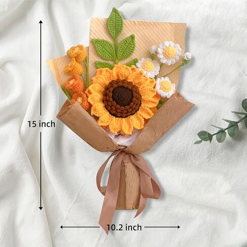 باقة زهور كروشيه لذكرى عيد ميلاد الأم، مصنوعة يدويًا بطبقتين من زهور عباد الشمس وزهرة زنبق الوادي من الكروشيه، هدية لها in Kuwait