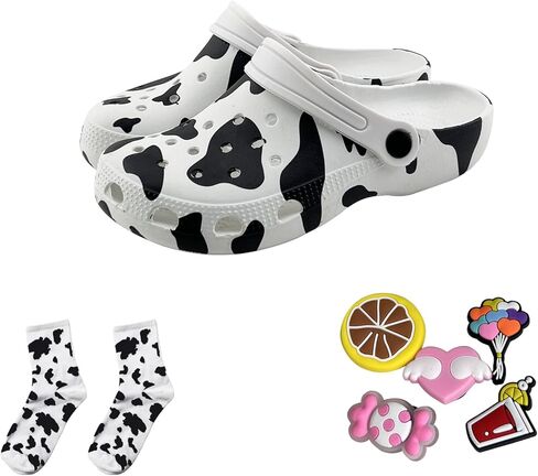 AJKSFHIU Cow Clogs Cow Slippers with Socks and 10 Random Shoe Buckles Slip On Casual Water Cow Shoes Indoor Outdoor Sandals for Women's Girls in Saudi Arabia