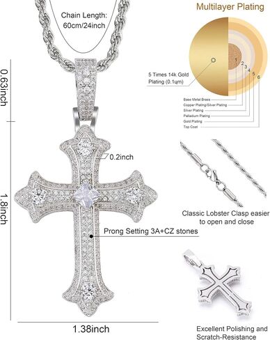 Gothic Iced Out Diamond Jesus Cross Necklace with 20" Stainless Steel Rope Chain, 14K Gold Plated Pendant Religious Faith Cross Jewelry Gifts, Underground Hip-Hop Jewelry for Men Women in Saudi Arabia