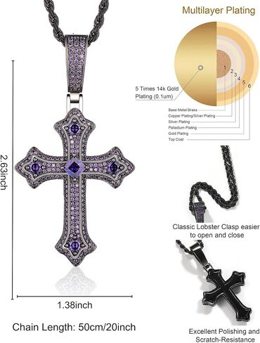 Gothic Iced Out Diamond Jesus Cross Necklace with 20" Stainless Steel Rope Chain, 14K Gold Plated Pendant Religious Faith Cross Jewelry Gifts, Underground Hip-Hop Jewelry for Men Women in Saudi Arabia