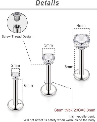 Ocptiy 20G 18G F136 Titanuim Threaded Nose Rings Studs With Flat Back Earrings Studs Hypoallergenic Implant Grade Cartilage Helix Tragus Conch Earrings Studs for Women Men Bars 6mm Diamond 3mm in Saudi Arabia