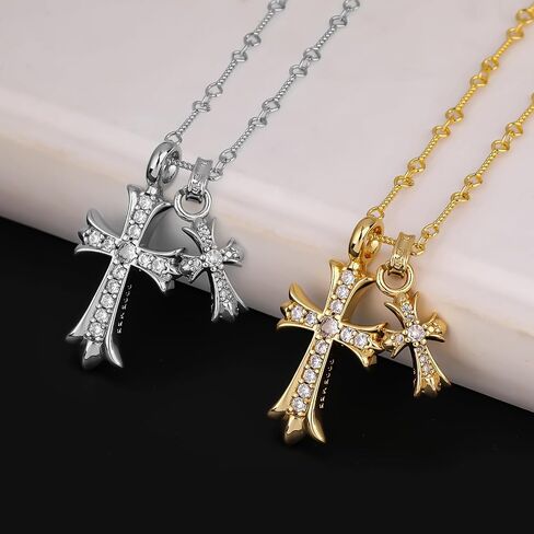 Cross Necklace 14K Gold Plated/925 Sterling Silver Double Cross Pendant CZ,Cubic Zirconia Cross Necklaces for Women Men Boy Jewelry Birthday Christmas Gifts in Saudi Arabia