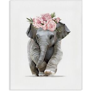 Stupell Industries Precious Rose Crown Baby Elephant Chic Florals, Designed by Ziwei Li Canvas Wall Art, Grey in Kuwait