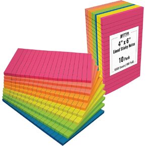 ملاحظات لاصقة مبطنة من Better Office Products، 4 × 6، 10 عبوات، 500 ورقة (50/وسادة)، ملاحظات ذاتية اللصق مع خطوط، 6 ألوان متنوعة زاهية، مذكرات بريدية، لاصق قوي، 10 وسادات in Kuwait