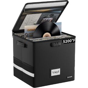 DocSafe Vinyl Record Storage Box with Lock,Fireproof＆Water Resistant Record Organizer Storage for 100+ Single Records(12-inch),Collapsible Storage Crate with Lid&Handles for Valuable Album Collection in Kuwait