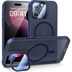 Meifigno Window Mag Series Designed for iPhone 15 Case, [Built-in Camera Stand & Compatible with MagSafe], Translucent Matte Back with Aluminum Alloy Keys, for iPhone 15 Case 6.1", Blue in Kuwait